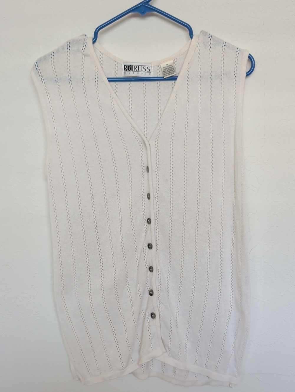 Vintage White Open-Knit V-Neck Button Front Sweater Vest
